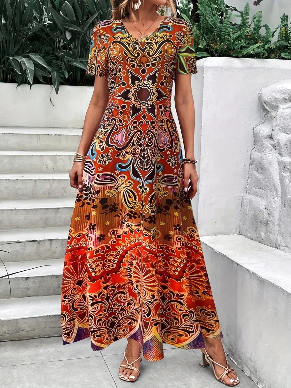 Vibrant Paisley Print V-Neck Dress for Women