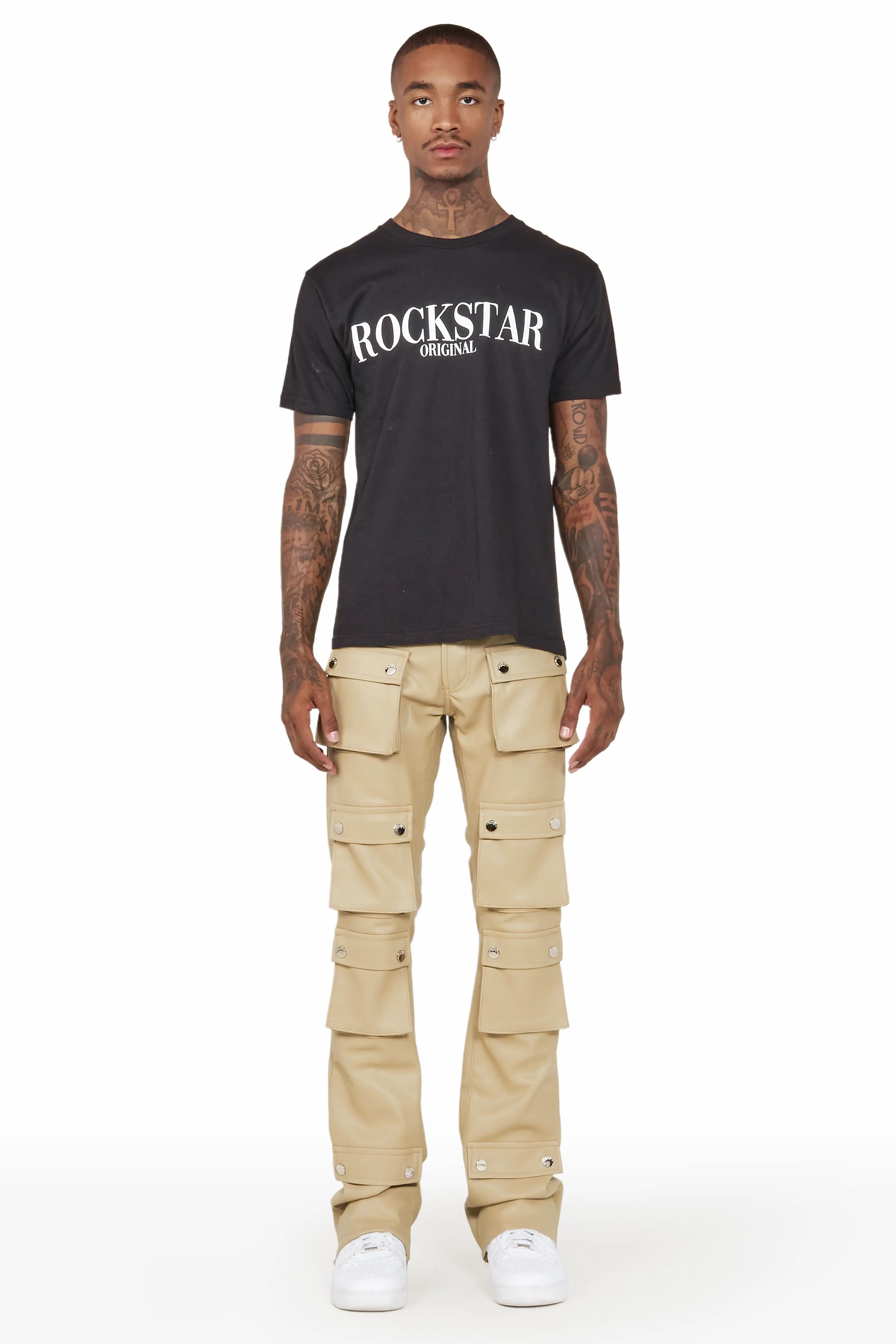 Remi Beige Faux Leather Stacked Flare Jean