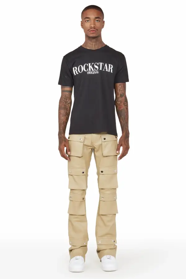 Remi Beige Faux Leather Stacked Flare Jean