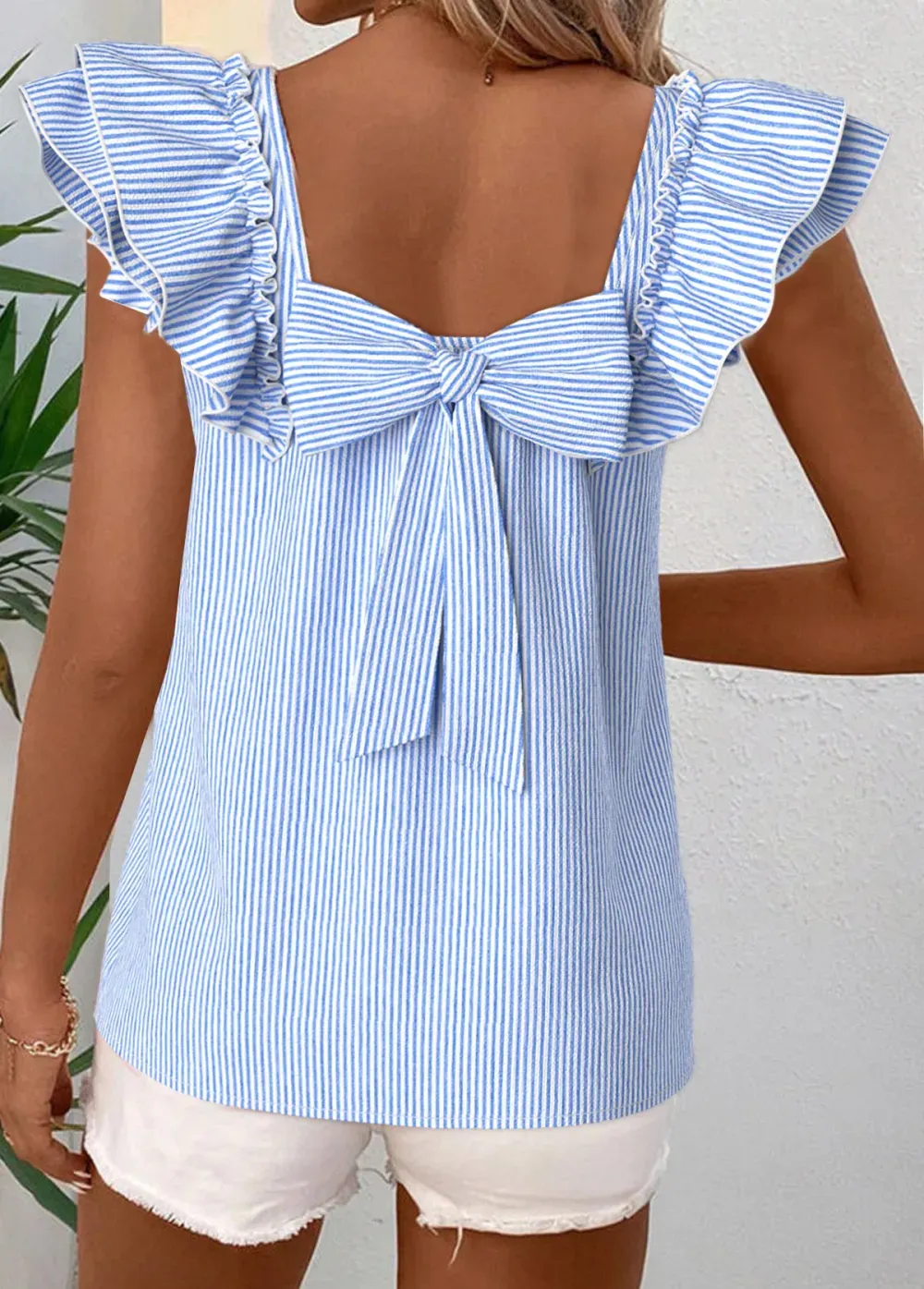 Blue Striped Short Sleeve Square Neck T Shirt