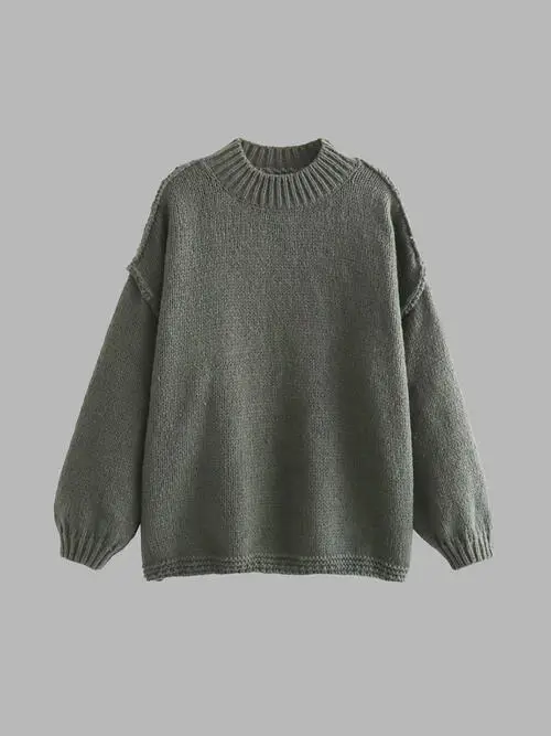 Exposed Seam Round Neck Long Sleeve Sweater AC