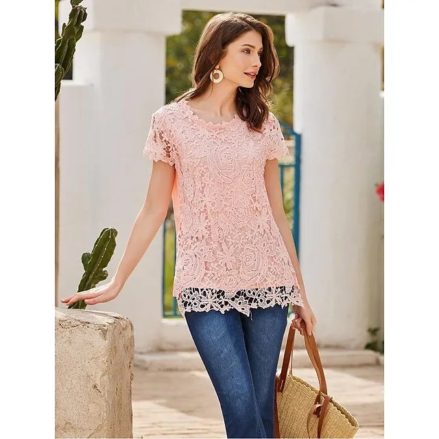 Women's Going Out Tops Blouse Cotton Plain Casual Lace