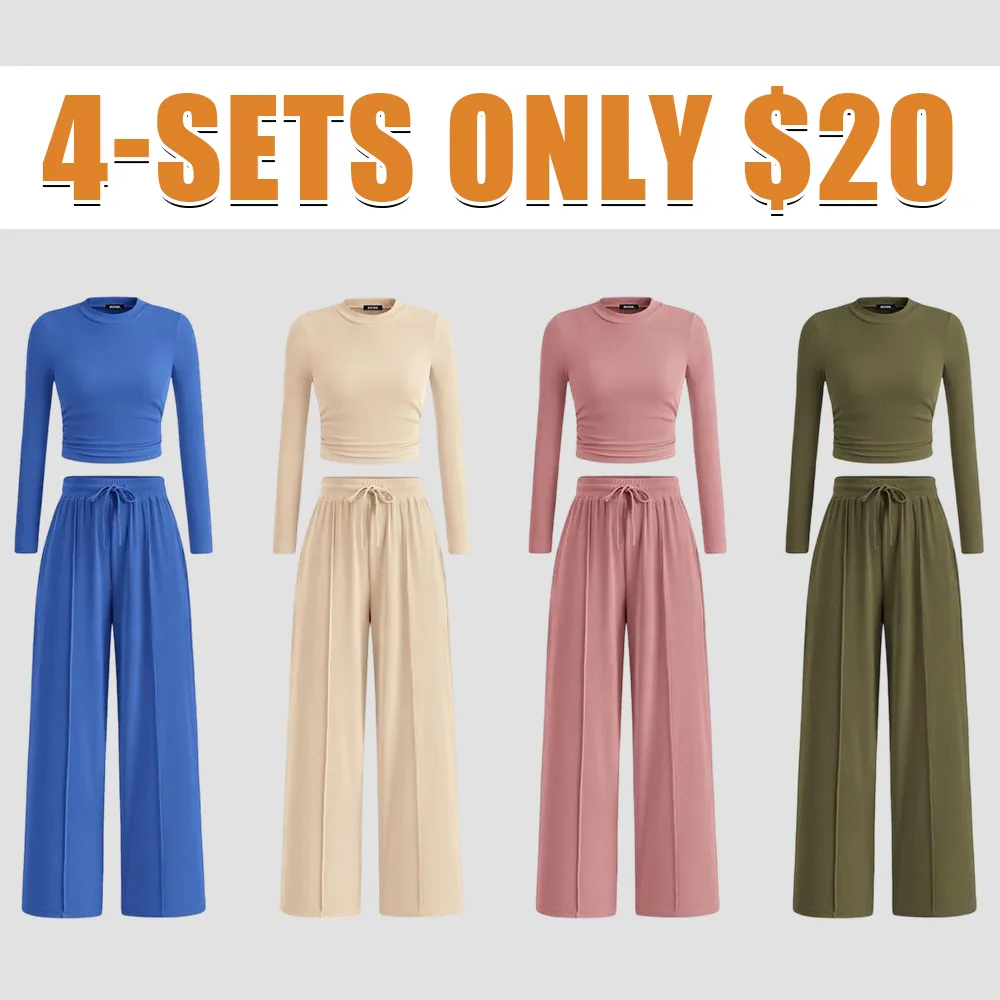 2-Piece Ribbed Knit Long Sleeve Crop Top Wide Leg Pants Matching Lounge Set Loungewear