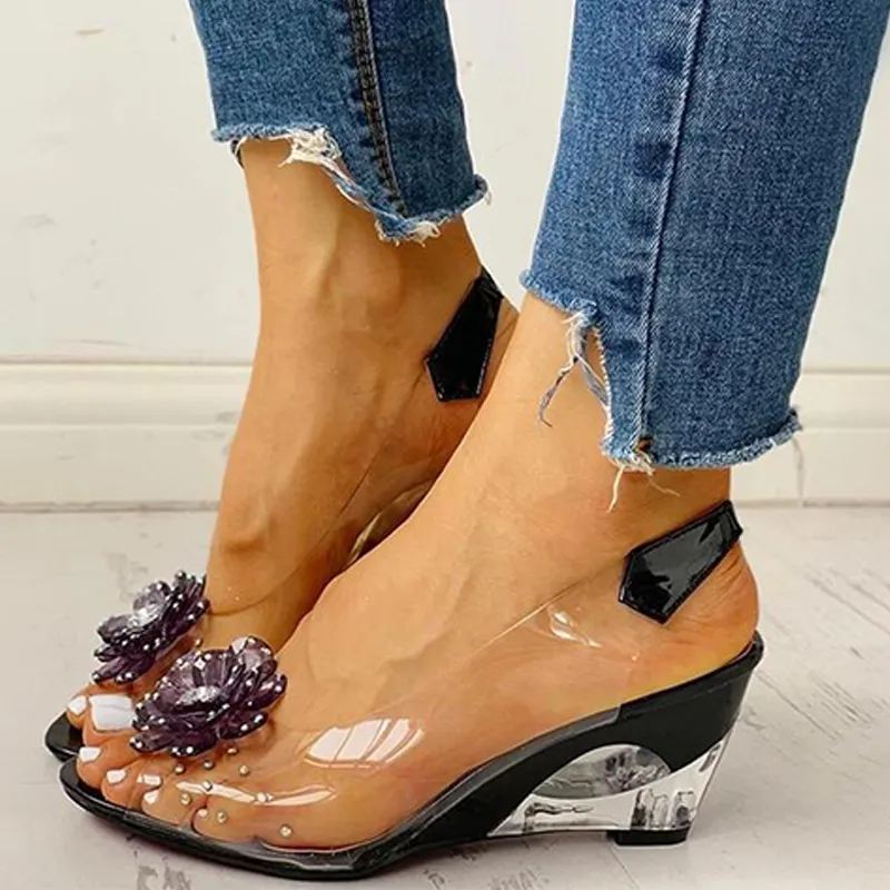 Women's bohemian clear crystal rhinestone flower wedge sandals