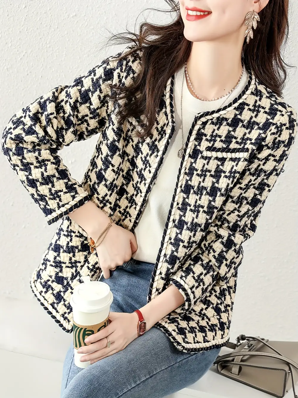 Print Open Front Coat Chic Fall Winter Womens Fashion
