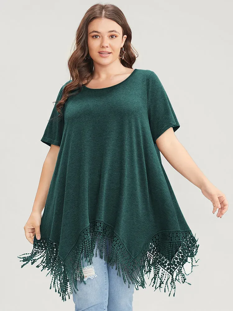 Solid Round Neck Lace Fringe Hem T-shirt