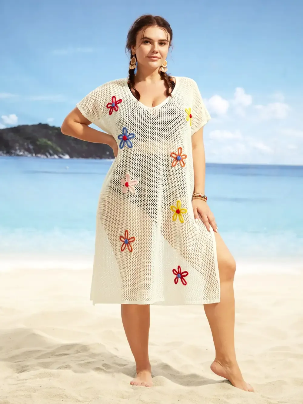 Stereo Flower Design Slit Hem Swim Cover Up