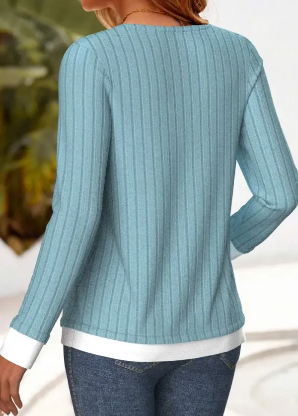 Light Blue Patchwork Long Sleeve Round Neck Blouse