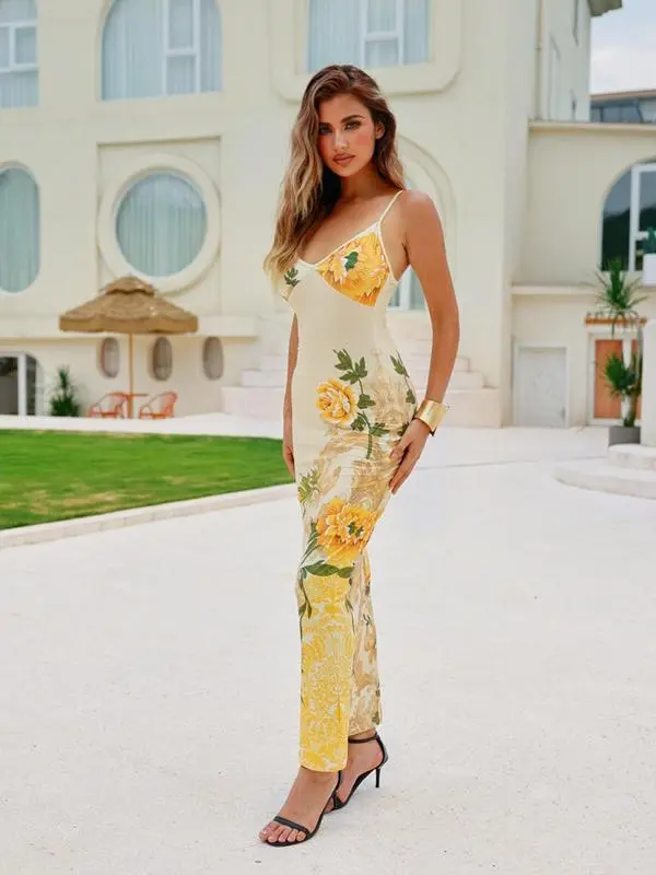 Women's Floral Cami Bodycon Dress – Boho Sleeveless Summer Beachwear