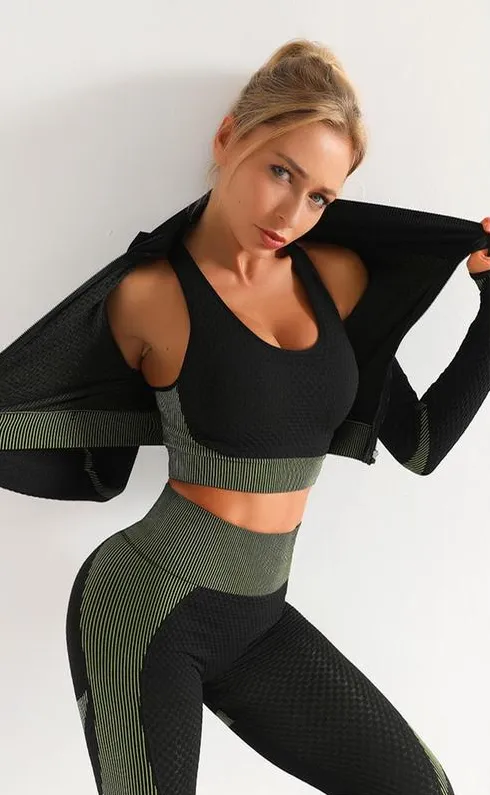 Women's Colorblock Zip Up Shapewear Set, Casual Comfy Crop Jacket & High Waist Sports Yoga Pants & Bra for Outdoor Wear, Fitness Training Clothes