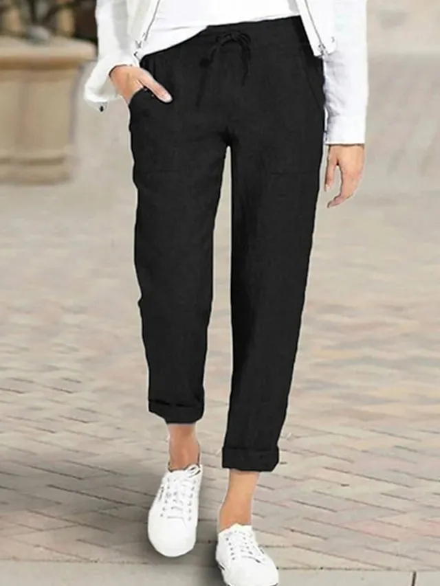 Women's Pants Trousers Capri shorts Baggy Faux Linen Solid Colored Baggy Ankle-Length Mid Waist Basic Casual Daily Black Wine S M Summer Spring &  Fall