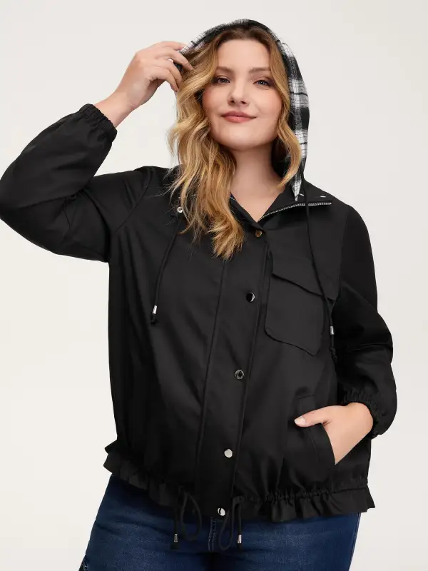 2-in-1 Plaid Hooded Adjustable Drawstring Jacket