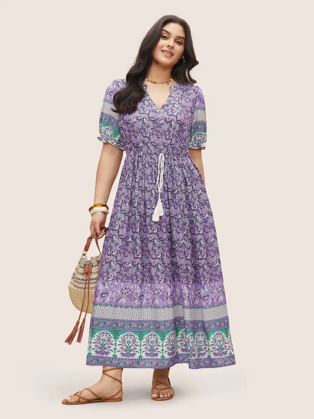 Boho Print Notched Ties Tassel Trim Dress