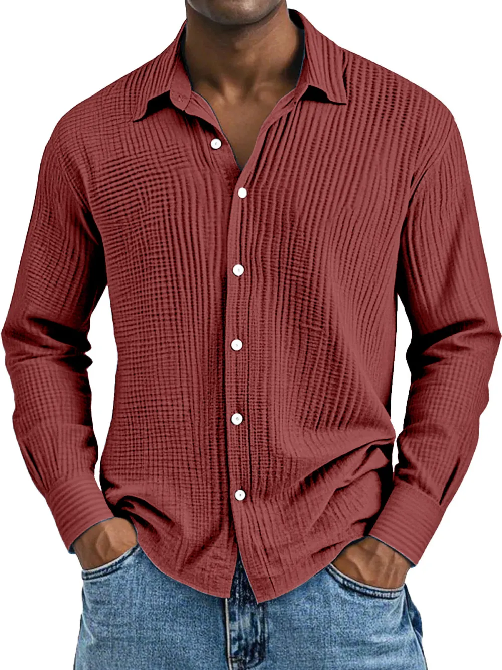 Men's Daily Casual Solid Color Pure Cotton Pleated Texture Long-sleeved Shirt