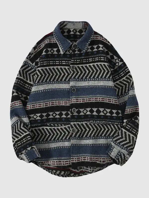Men's geometric ethnic style blend wool shirt jacket