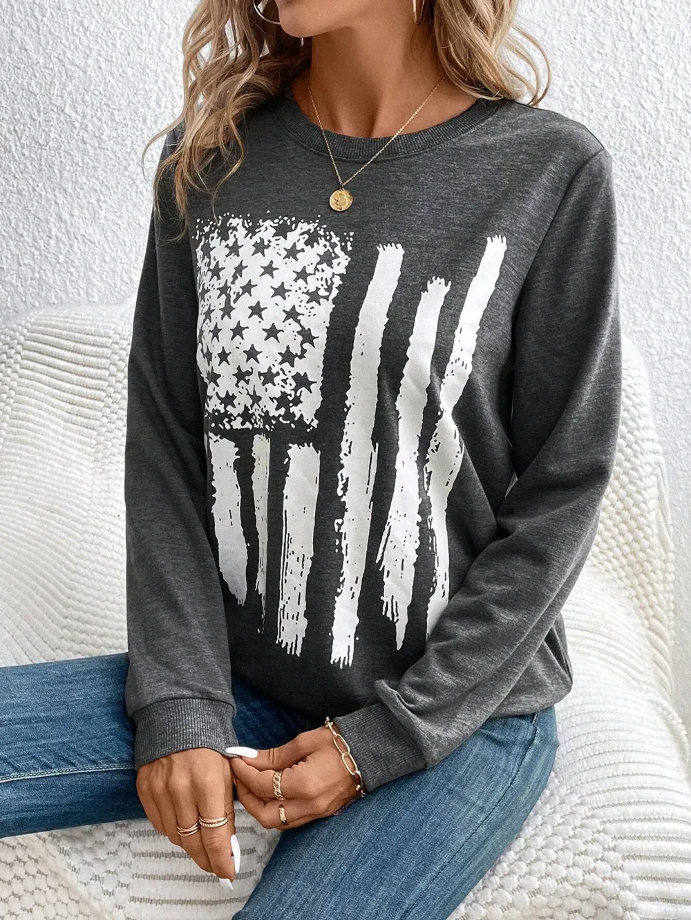 Women's Casual US Flag Print Loose Fit Round Neck Long Sleeve Sweatshirt, Spring Autumn