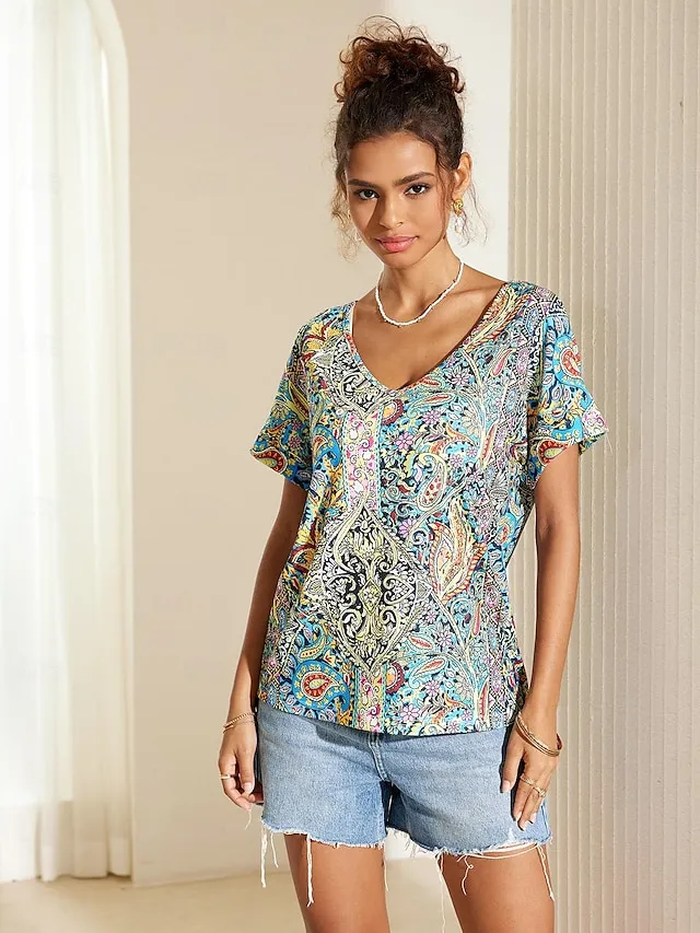 Women's Boho Shirt Tee Paisley Vintage Rainbow Print Blouse V Neck Half Sleeve Casual Short Sleeve Ethnic Summer Spring Shirts