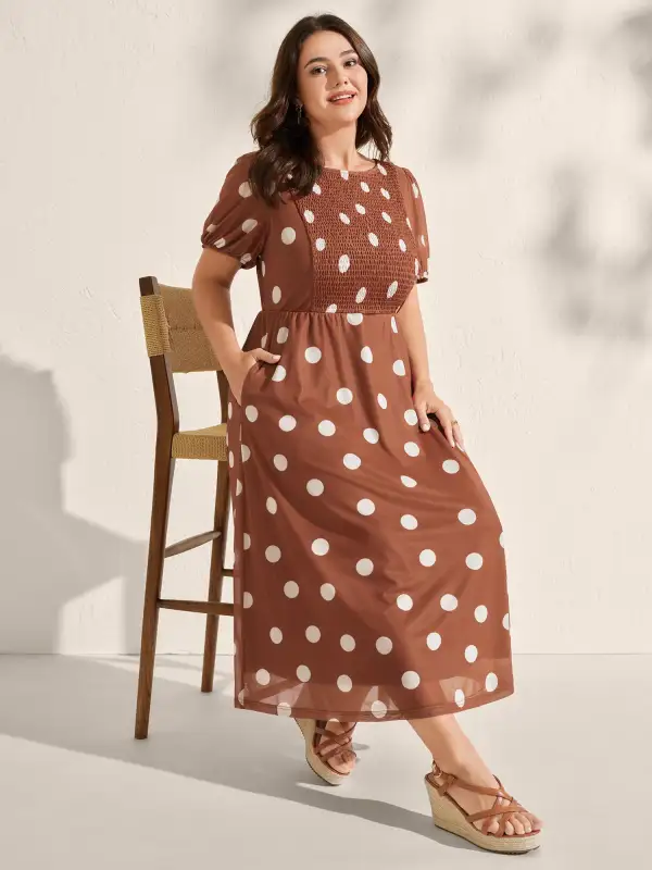 Polka Dots Shirred Bust Ease Midi Dress
