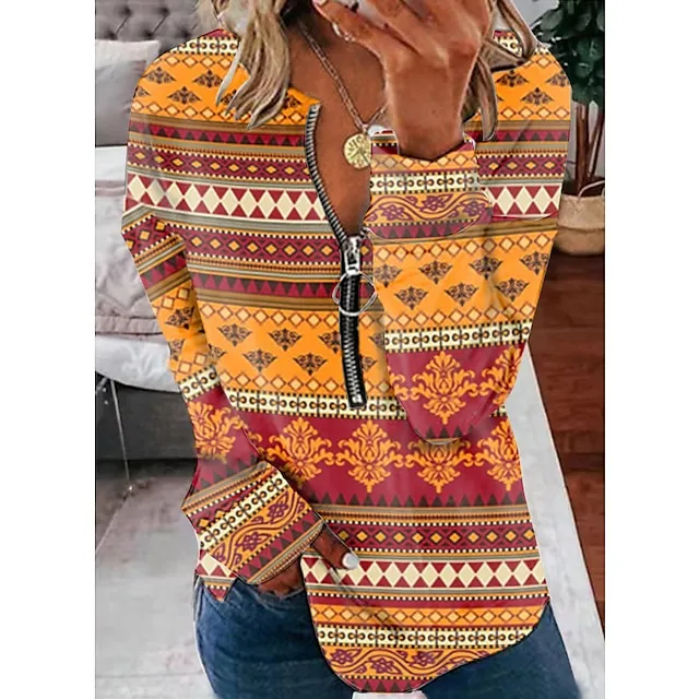 Women's Sweatshirt Pullover Active Vintage Streetwear Quarter Zip Print Black Yellow Red Floral Daily Sports V Neck Long Sleeve Without Lining Micro-elastic Fall & Winter