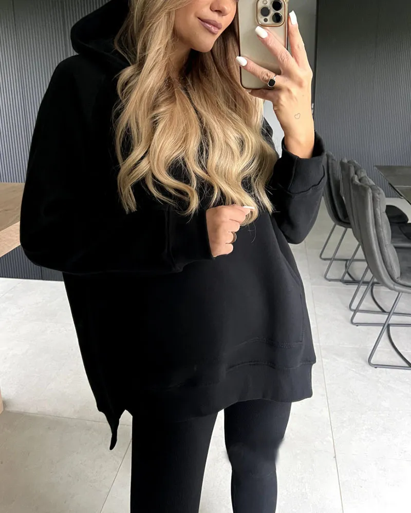 Slit hoodie pencil pants two piece set