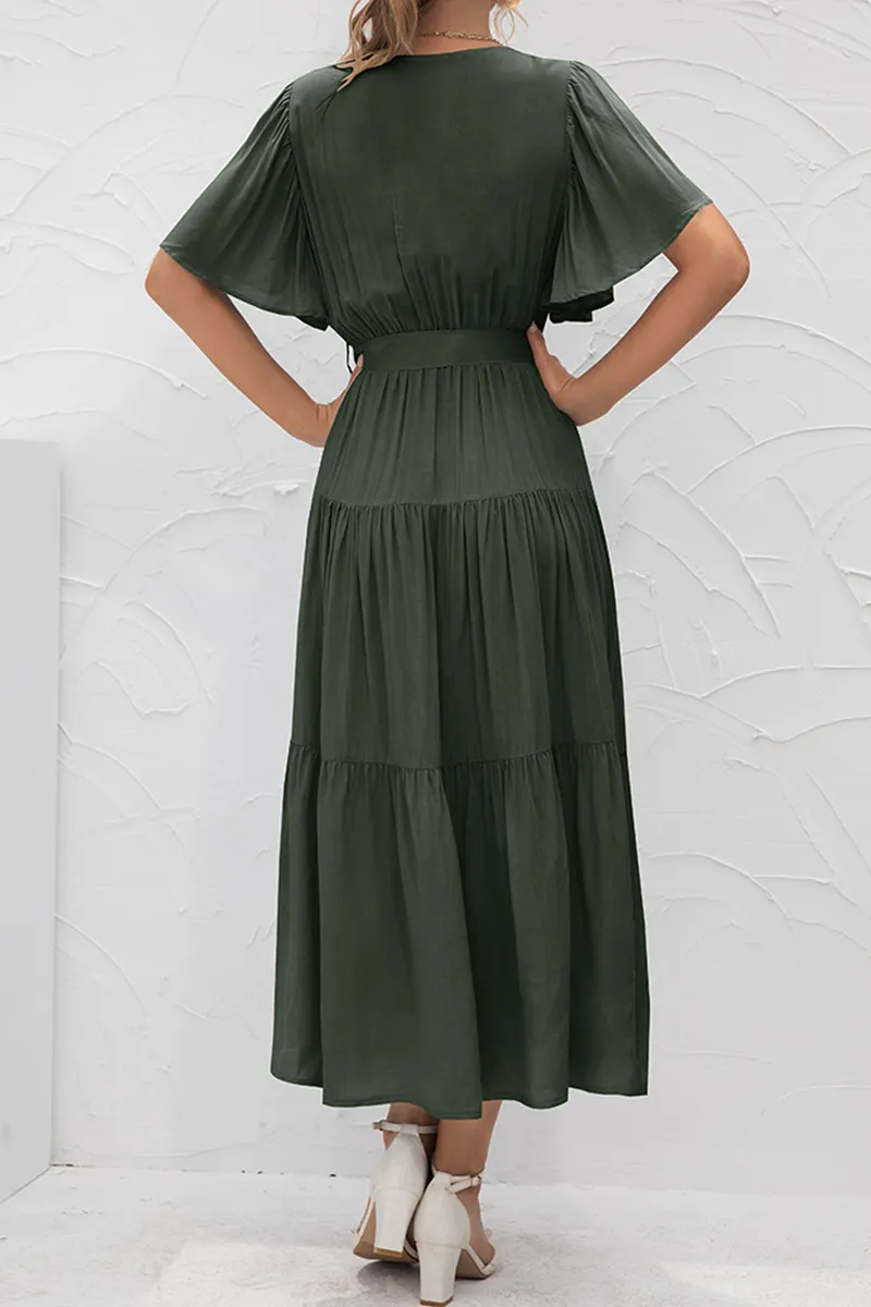 Elegant Solid Split Joint With Belt V Neck Cake Skirt Dresses(4 colors)