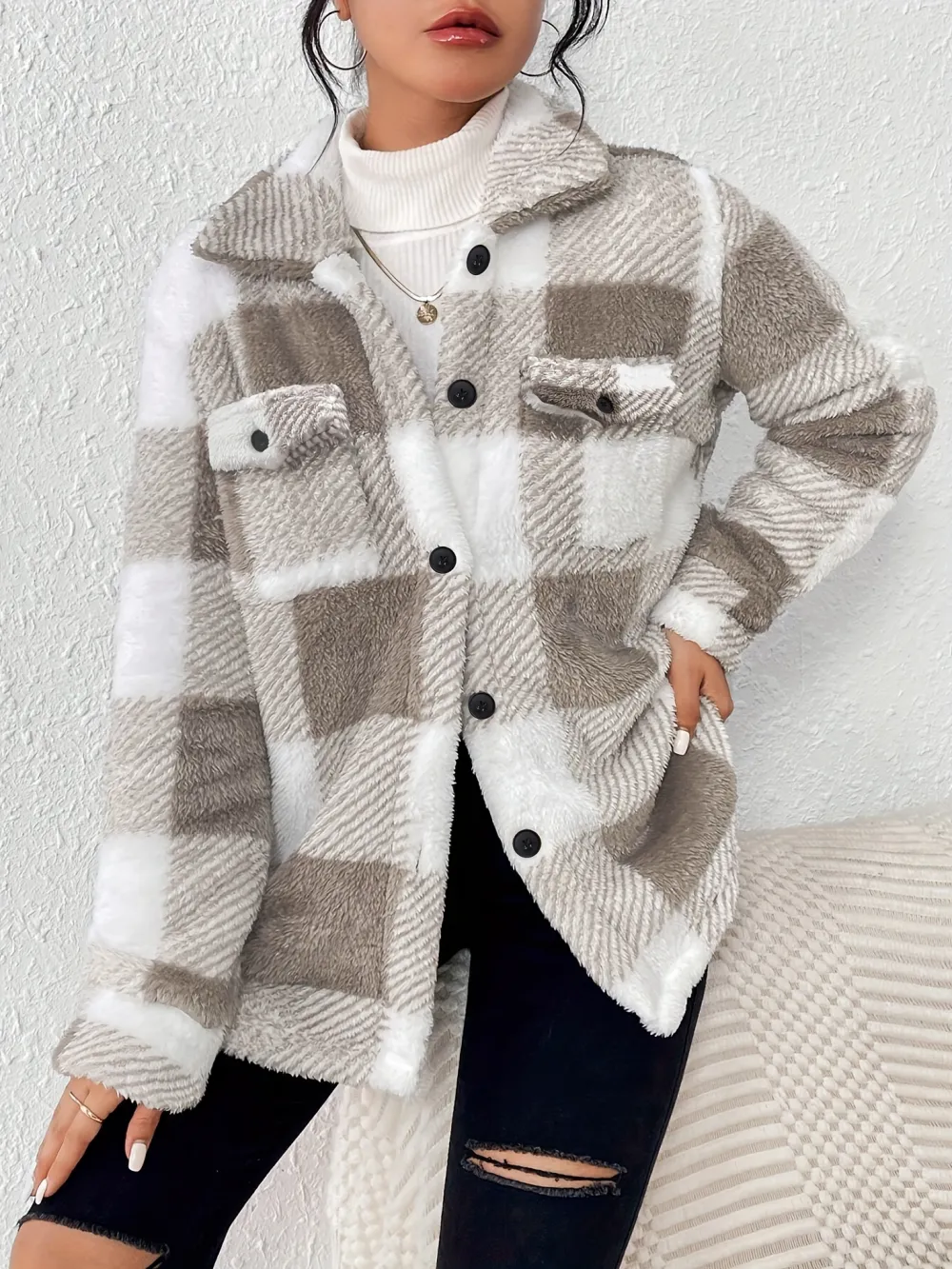 Stylish Plaid Fleece Jacket - Soft, Warm, and Elegant Long Sleeve Outerwear for Fall and Winter - Women's Fleece Clothing with Button Front and Classic Pattern Design