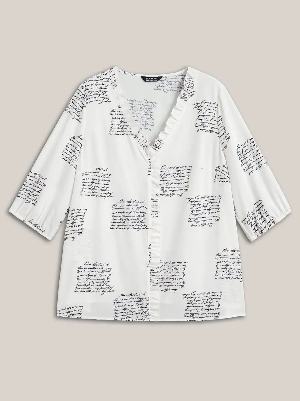 Text Pattern Ruffled Lantern Sleeve Blouse
