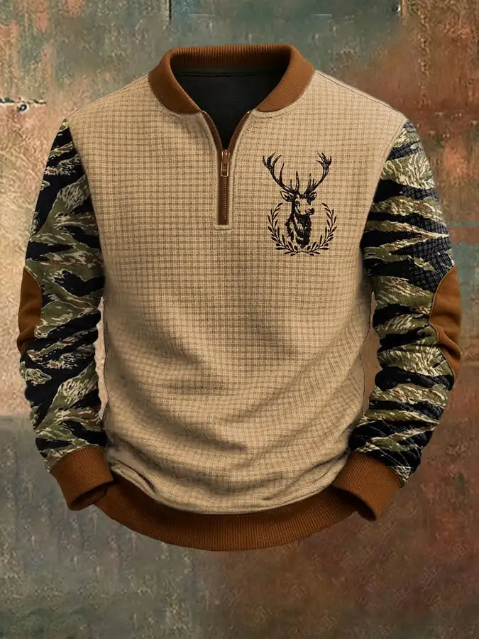 Men's Vintage Western Elk Print Jacquard Zip-Up Sweatshirt
