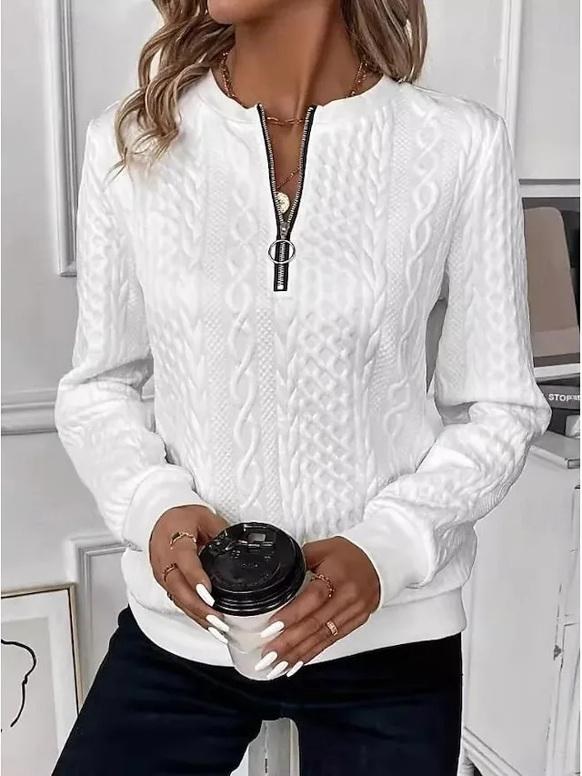 Women's Sweatshirt Plain Work Zipper Black White Pink Elegant Modern Loose Fit Crew Neck Long Sleeve Micro-elastic Spring Fall