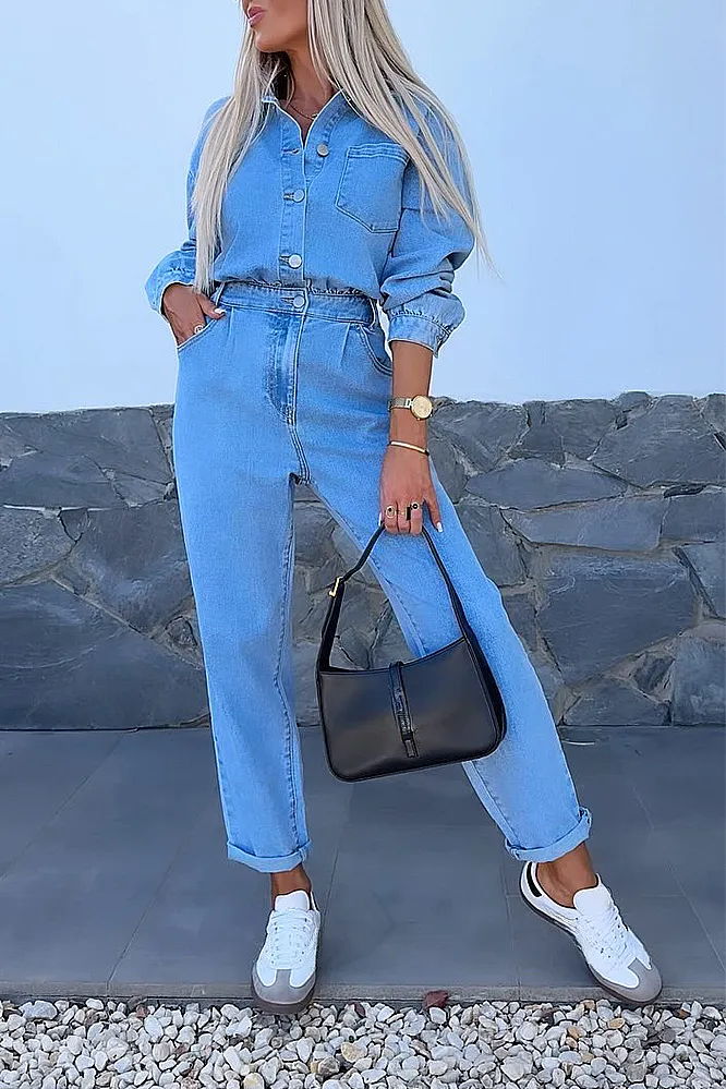 Women's solid color denim V-neck top and pants two-piece set