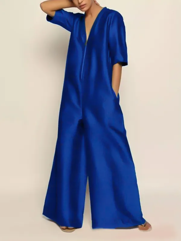 Half Sleeves Loose Solid Color Zipper V-Neck Jumpsuits