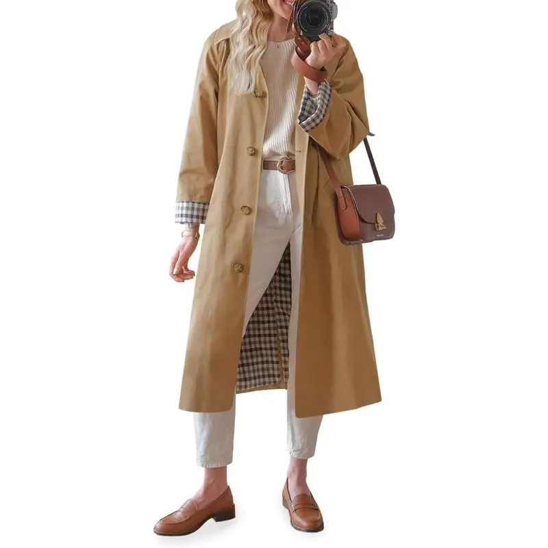 Womens Long Trench Coat Single Breasted Oversized Windproof Overcoat Fashion Outerwear