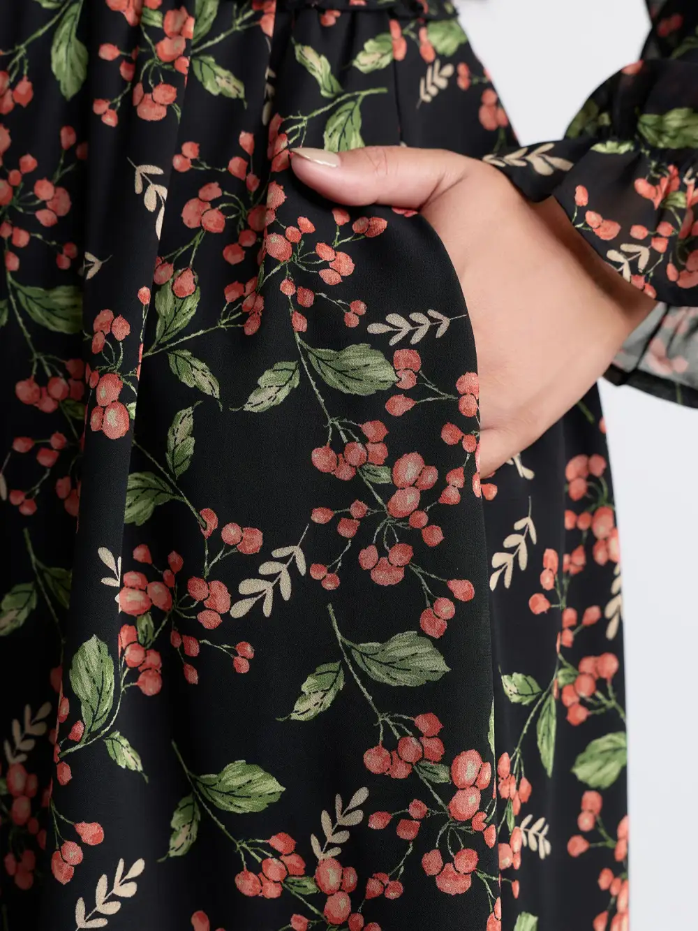 Chiffon Floral Ruffled Trim Pockets Midi Dress