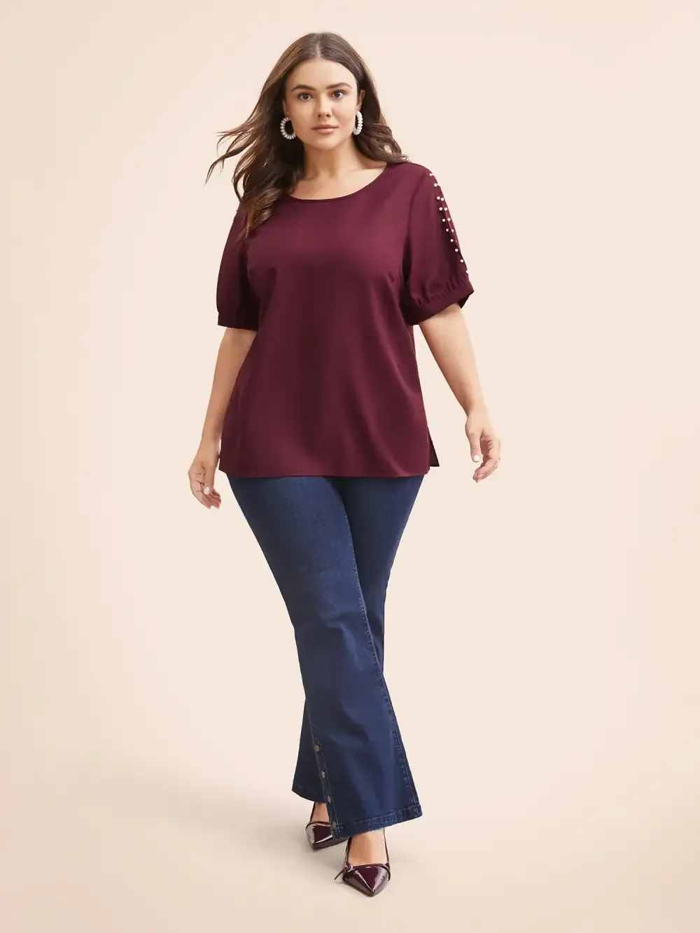 Round Neck Pearl Beaded Cut Out Blouse