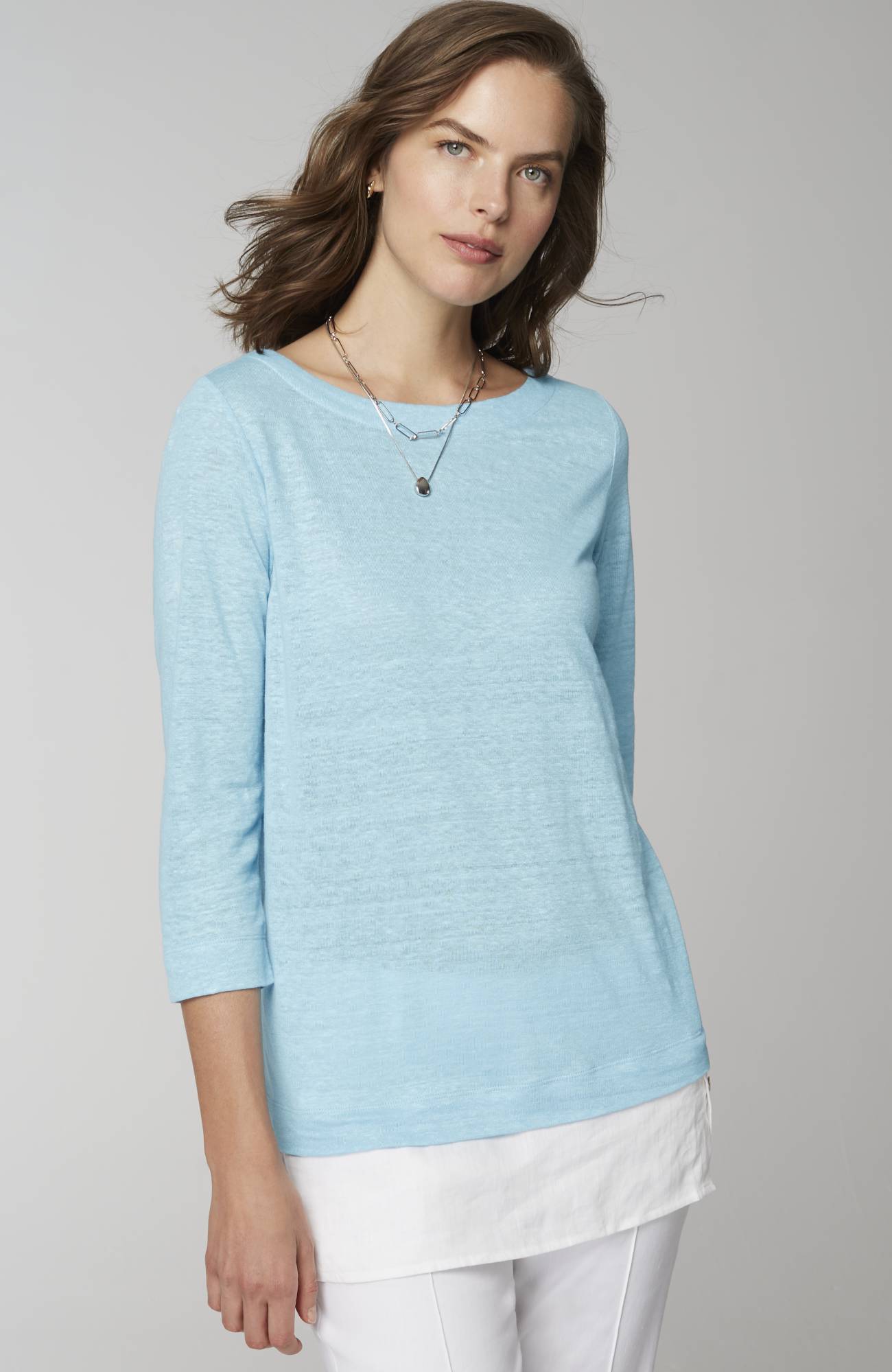 Layered-Hem Mixed-Media Linen Tunic