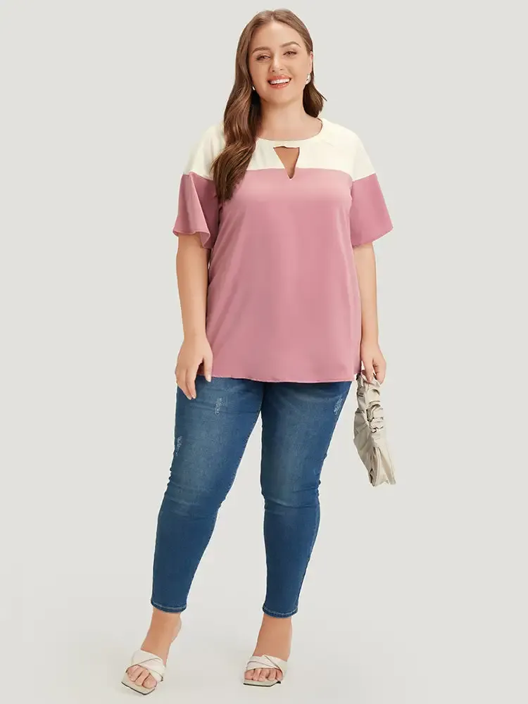Anti-Wrinkle Two Tone Keyhole Raglan Sleeve Blouse