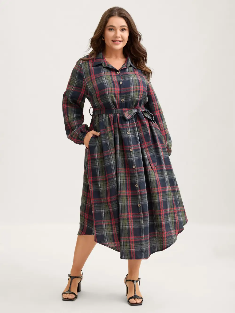 Plaid Button Detail Pocket Belted Arc Hem Dress