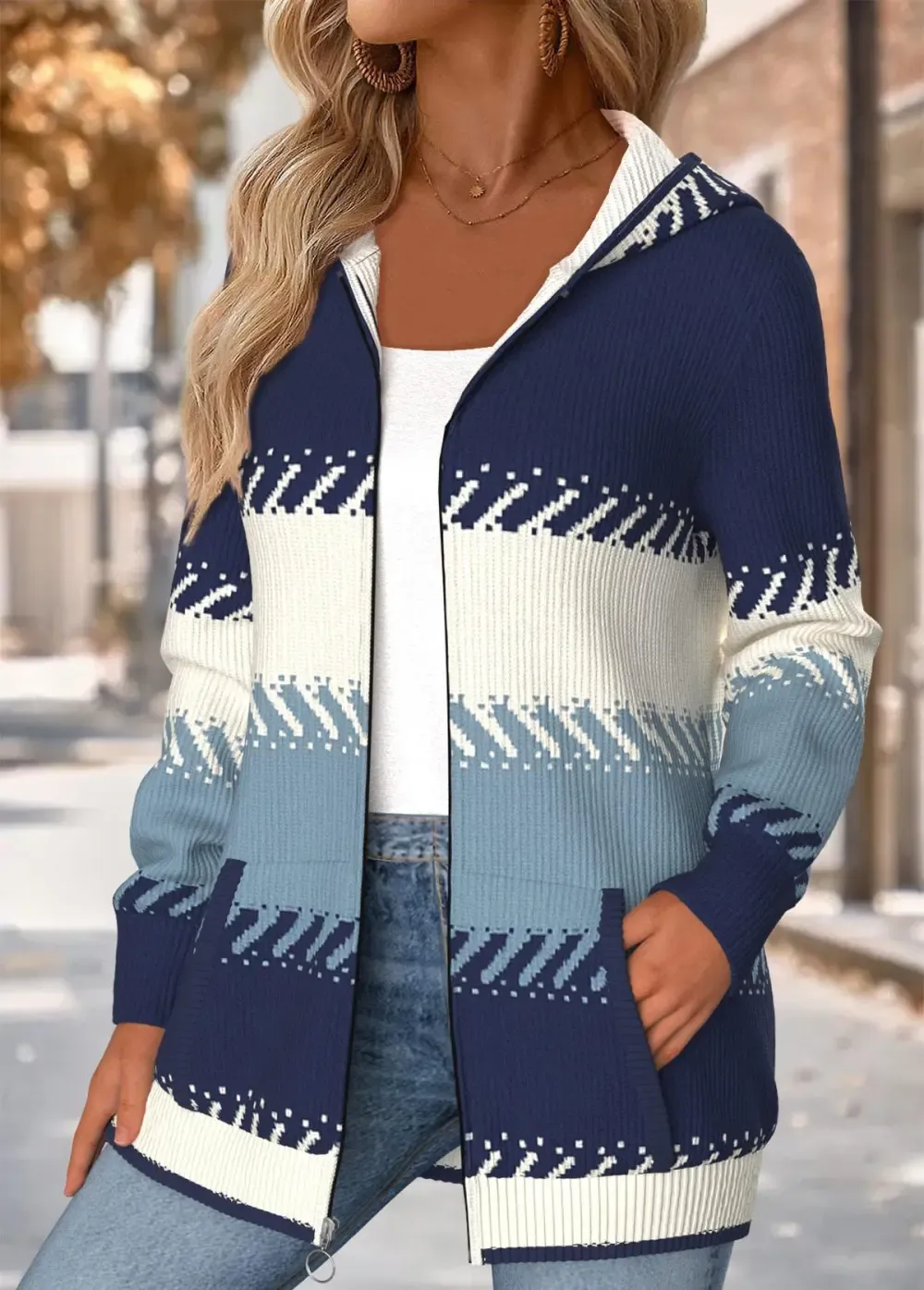Multi Color Tummy Coverage Striped Long Sleeve Hooded Coat