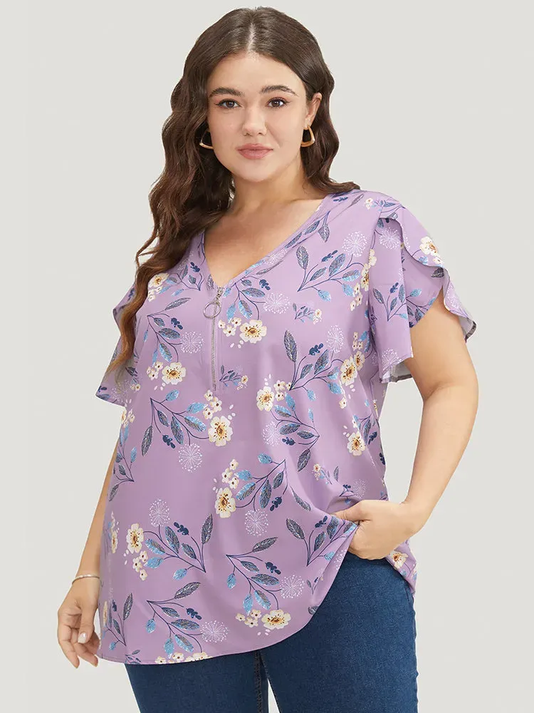 Floral O Ring Zipper Split Petal Sleeve Blouse