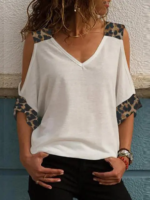 Leopard Print V-neck Cold Shoulder Tops