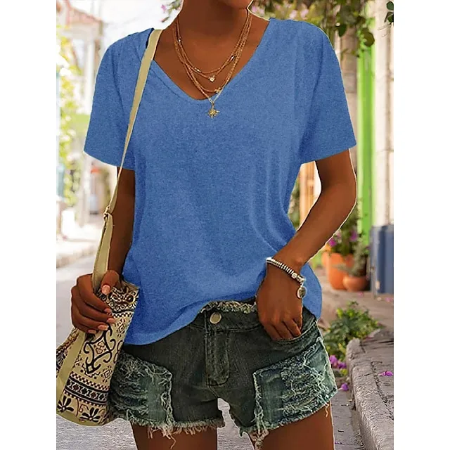 Women's Blouse T shirt Tee Basic Plain Daily V Neck T-shirt Sleeve Regular Summer White Black Blue Purple Dark Red