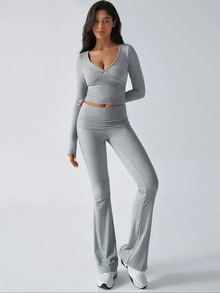 Fall/Winter Elegant 2-Piece Set: Slim-Fit V-Neck Long Sleeve Crop Top & Plain Pants