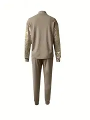 Vibrant Two-Piece Sequined Outfit - Heart Pattern Mock Neck Top with Flattering Fit & Drawstring Pants for Women