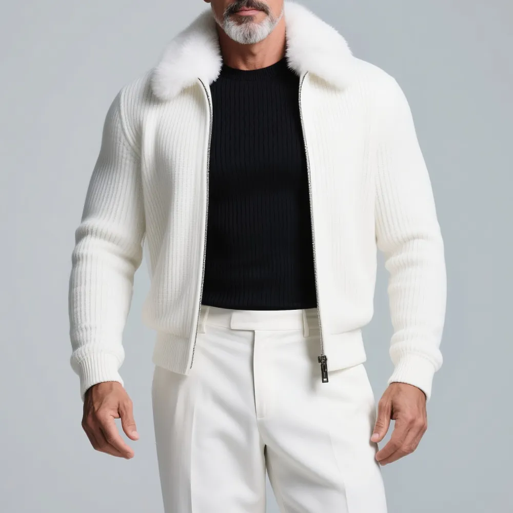 Men's Plush Turndown Collar Long Sleeve Zip Up Rib Knitted Jacket
