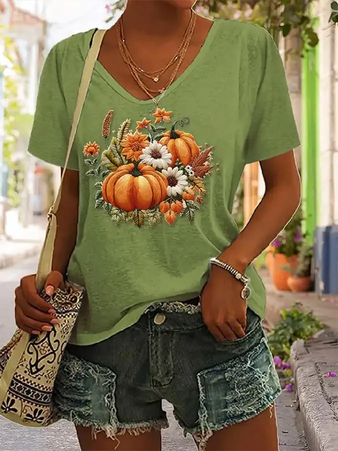 Women's Casual Autumn Floral Pumpkin T-Shirt