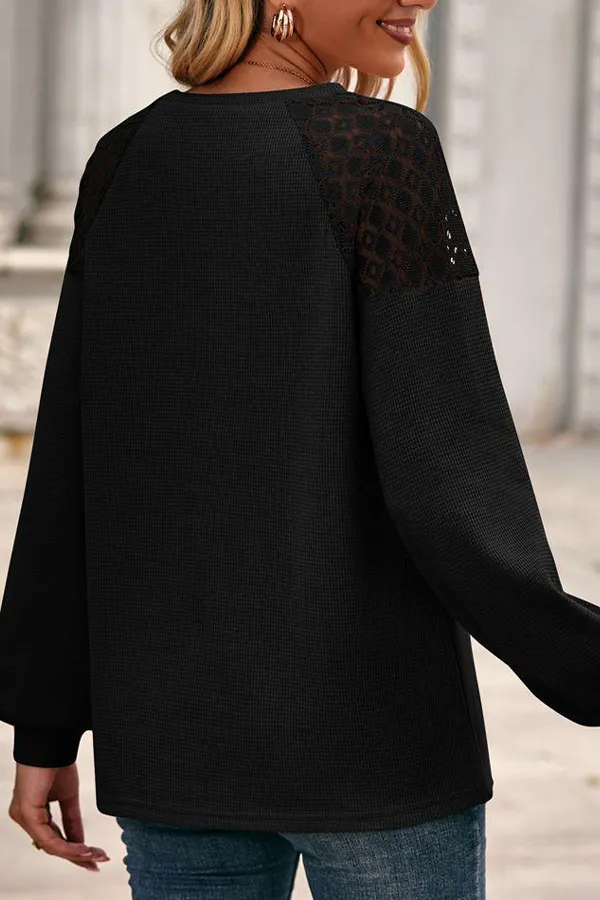 Waffle Lace Panelled Long Sleeve Pullover