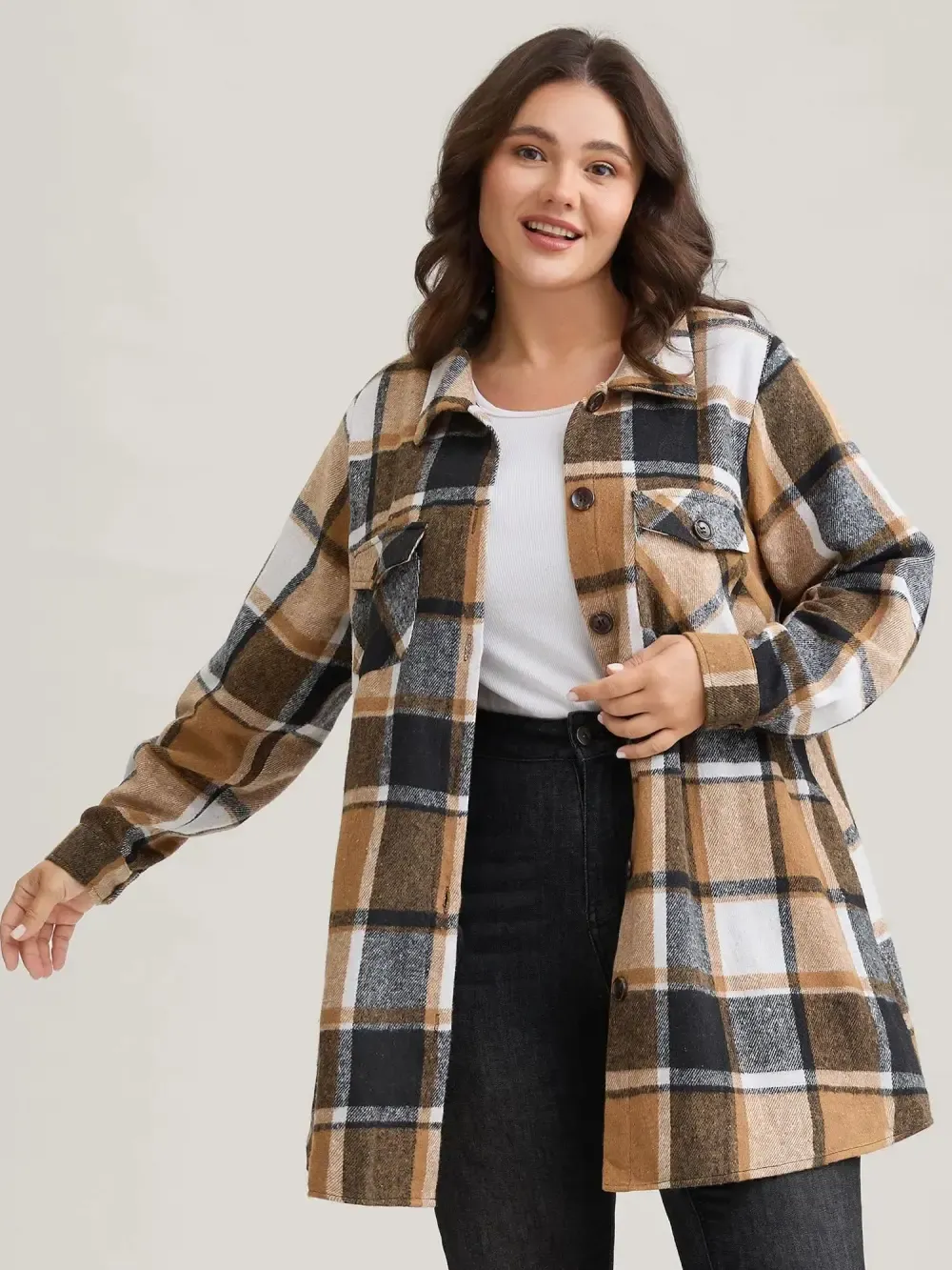 Plaid Chest Pockets Long Jacket