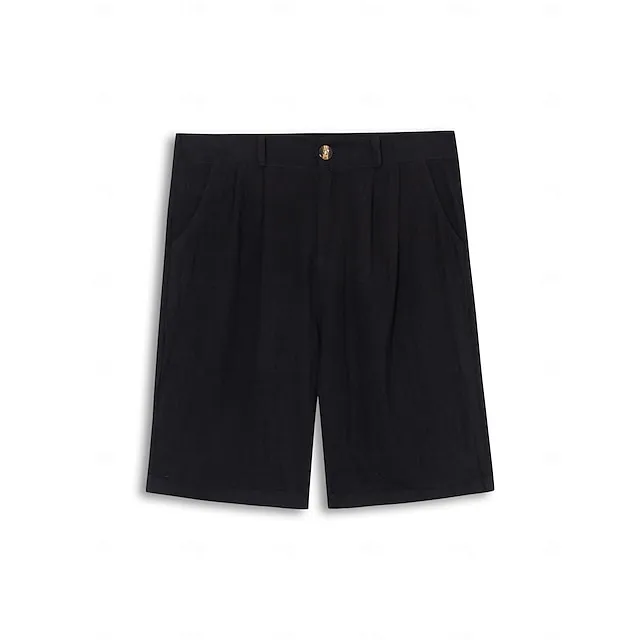 Men's Shorts Linen Shorts Summer Shorts Pleated Shorts Pocket Pleats Straight Leg Plain Comfort Breathable Short Casual Daily Holiday Linen Cotton Blend Fashion Designer Black White