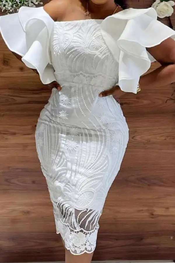 Lace Glamorous Off Shoulder Split Back Midi Dress