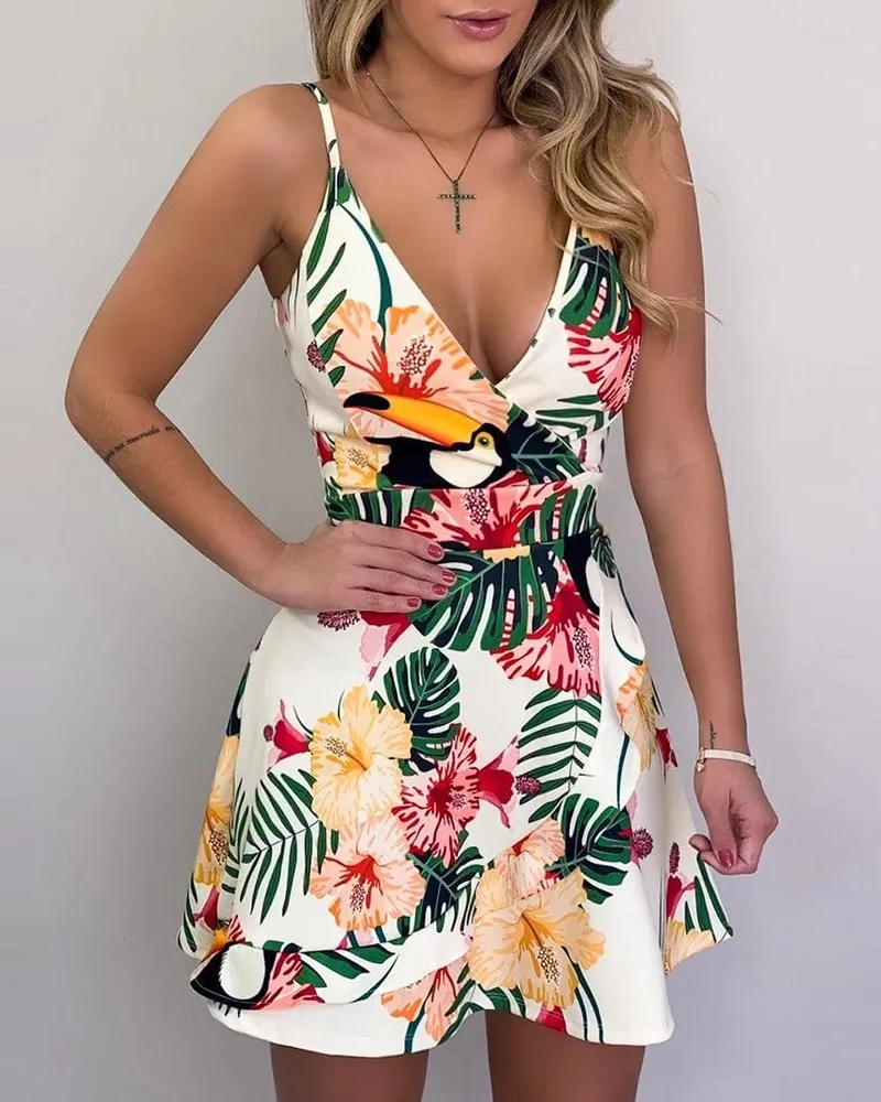 V Neck Leaf Print Mini Dress